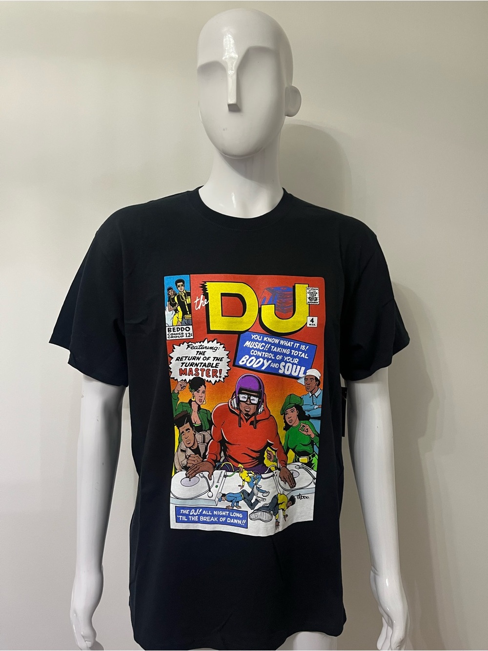 The DJ Comic Graphic Tee - Vibrant Multi on Black. Size Large